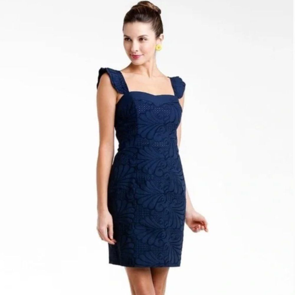 LILLY PULITZER A Dollop of Scallop Eyelet Sarafina Shift Dress, Navy, Size 2